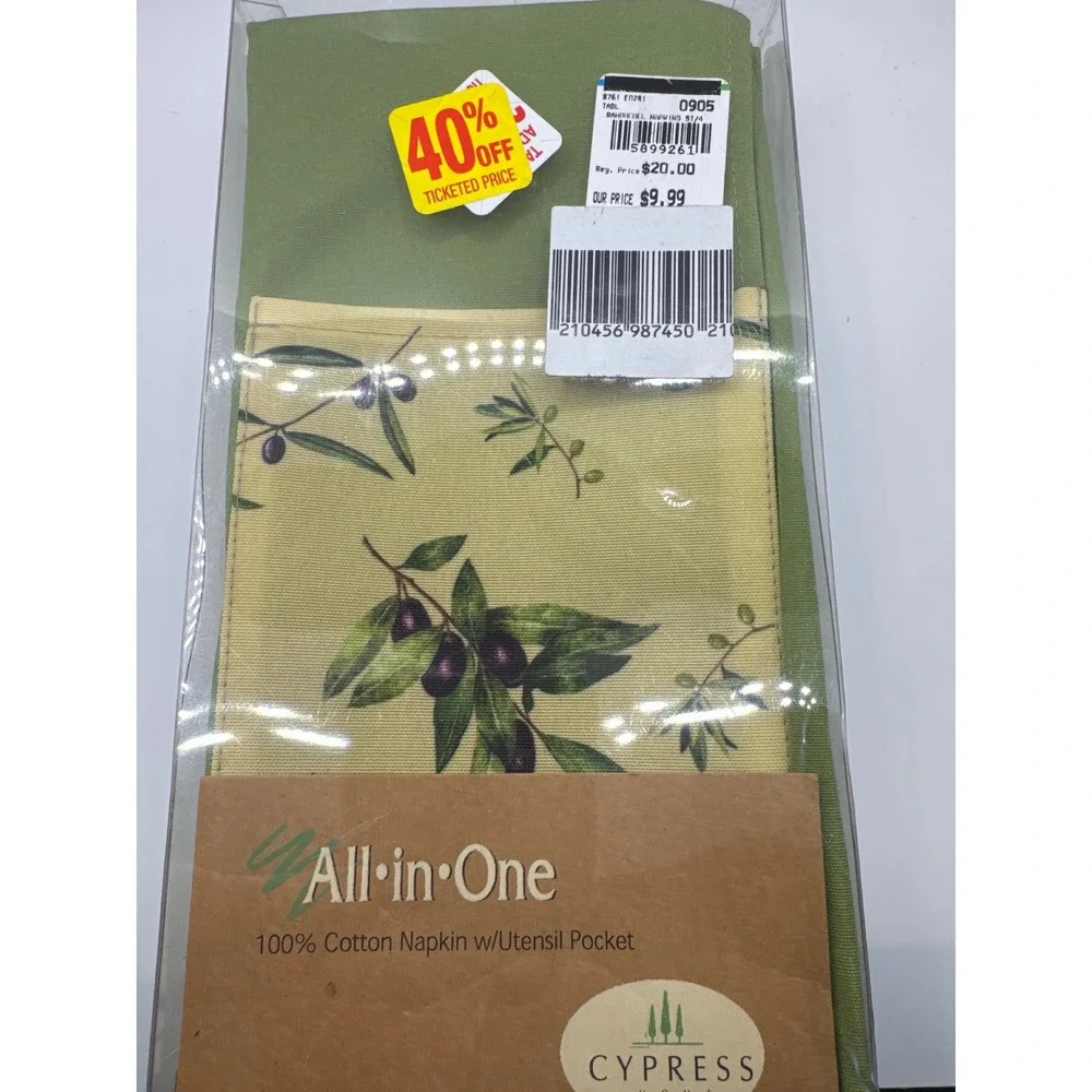 Cypress Home All-in-One 100% Cotton Napkin Set with Utensil Pocket Olive 4pc NEW